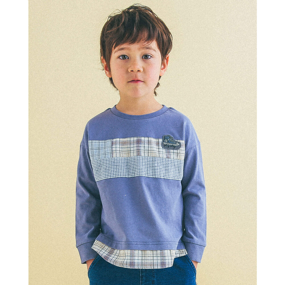チェック 切り替え パッチ Tシャツ 80 130cm 80cm ブルー トップス 子供服べべの公式通販サイト Bebe Mall