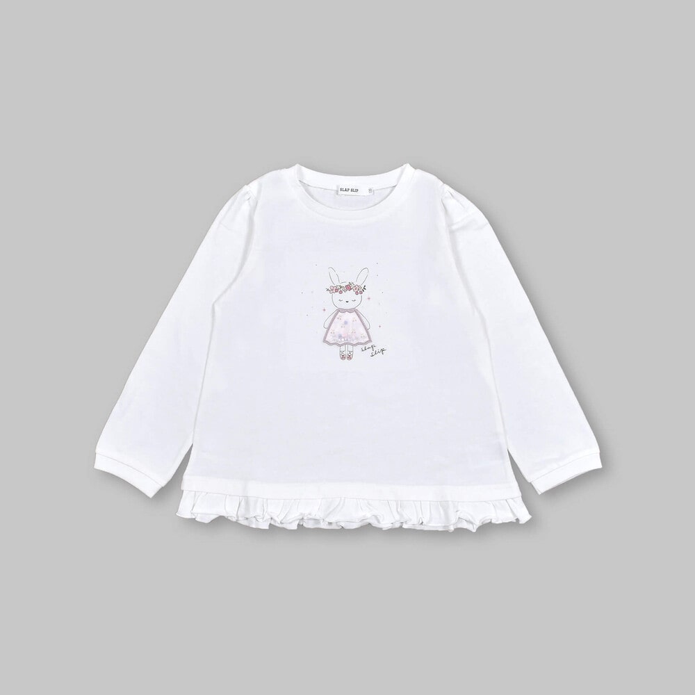 ウサギプリント裾フリル長袖Tシャツ(80~130cm)(80cm オフホワイト