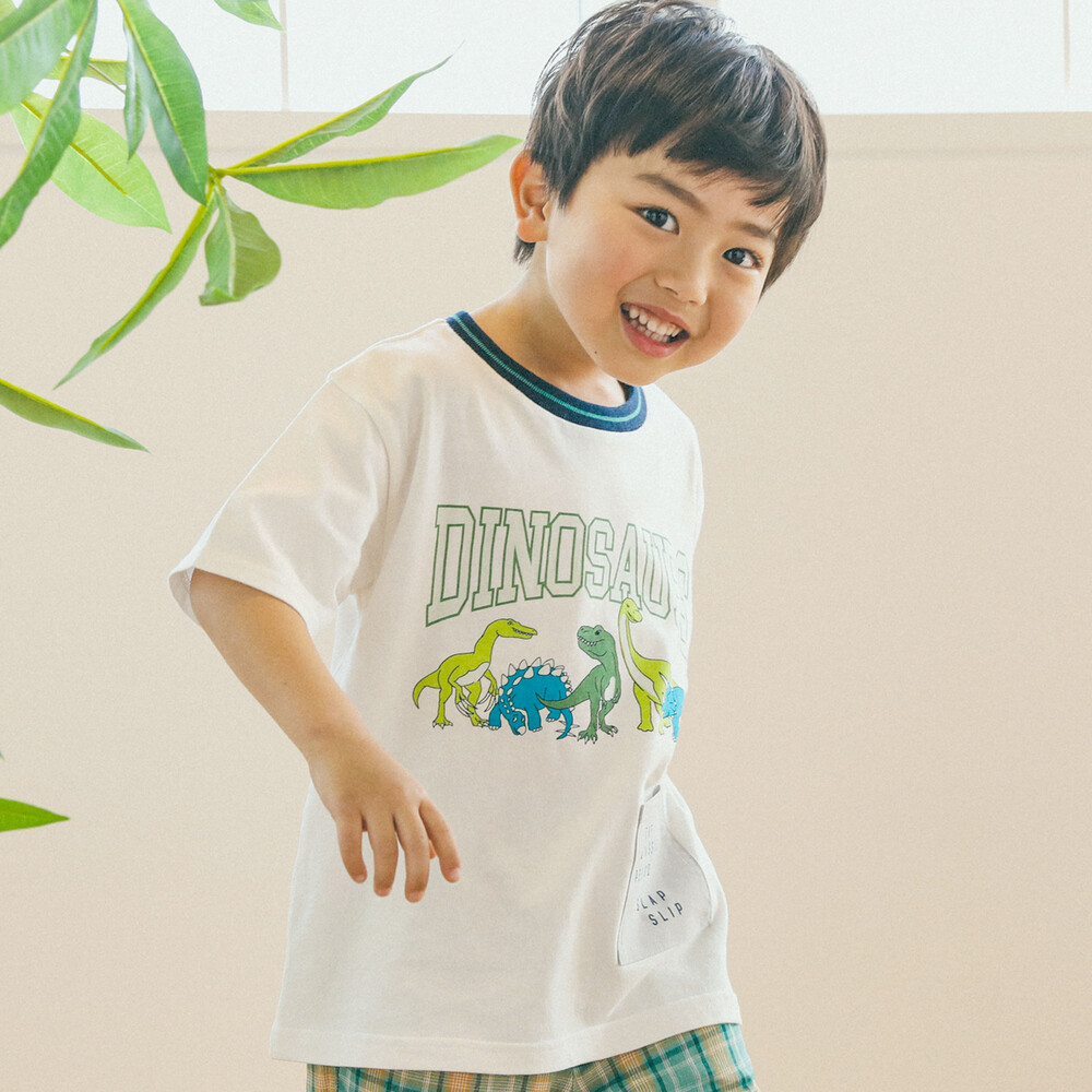 お揃い】恐竜プリントカレッジラインTシャツ(80~130cm)(80cm ホワイト