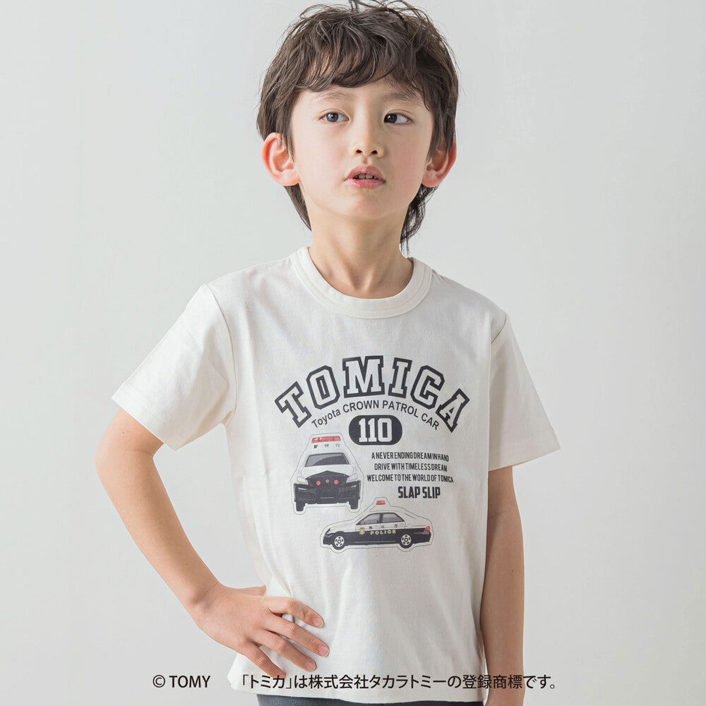 【トミカ×SLAPSLIPコラボアイテム】はたらくくるまワッペン風前面プリント半袖Tシャツ(80~120cm)