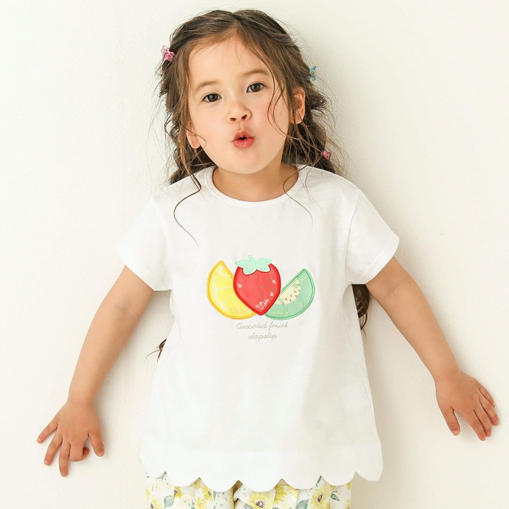フルーツ・パフェ・カップケーキモチーフ付裾スカラップ半袖Tシャツ(80