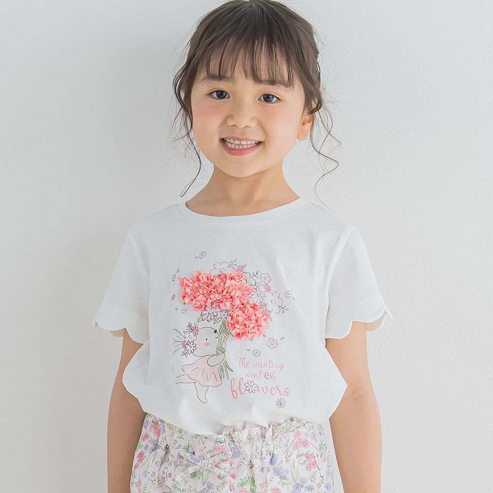 アニマルウサギ袖スカラップお花シフォン半袖Tシャツ(80~130cm)(80cm