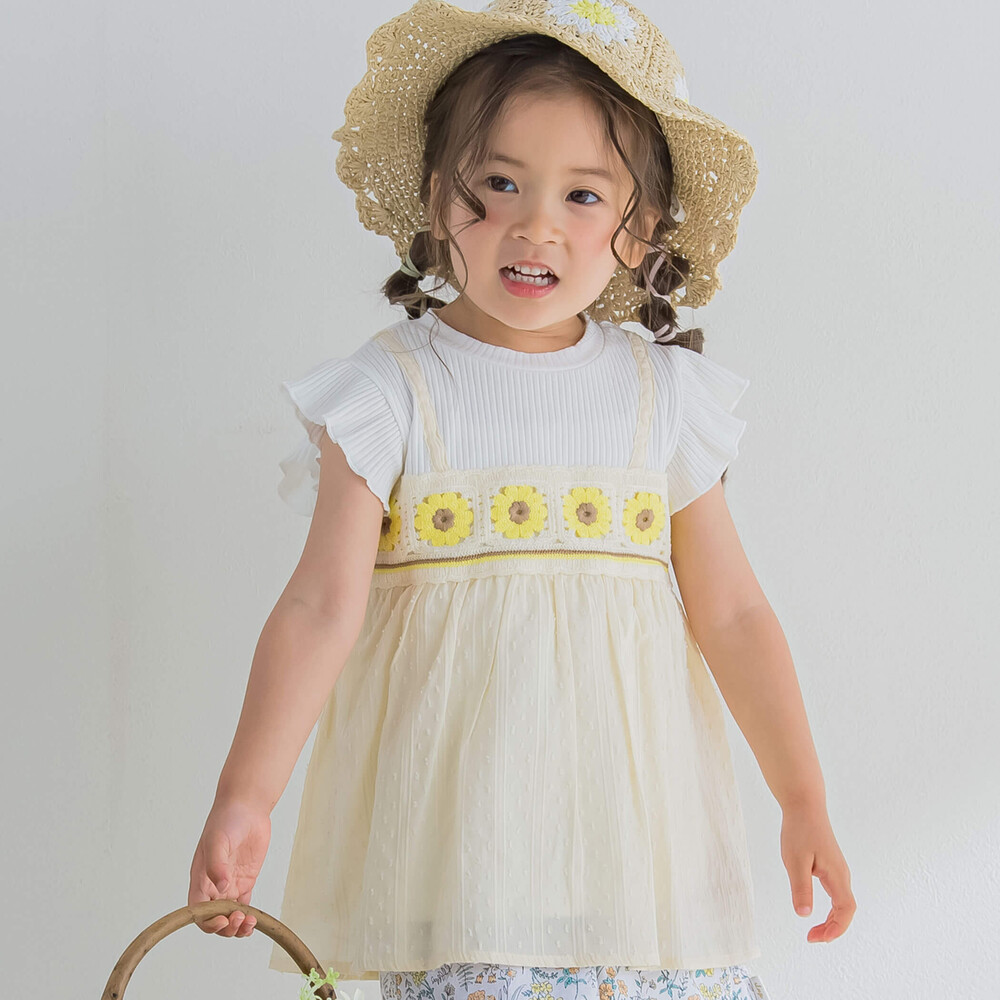 クロシェ編みドッキングTシャツ(80~130cm)(80cm イエロー系