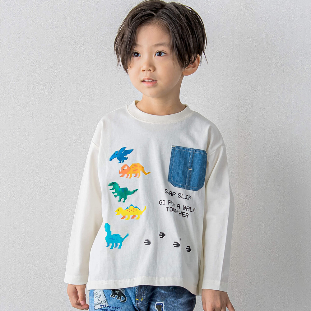 ブロック恐竜ポケット付長袖Tシャツ(80~130cm)(80cm オフホワイト): トップス【女の子・男の子の子ども服と言えば】ブロック恐竜ポケット付 長袖Tシャツ(80~130cm)(80cm オフホワイト): トップス【女の子・男の子の子ども服と言えば】-子供服べべの公式通販サイト 「BEBE  ...