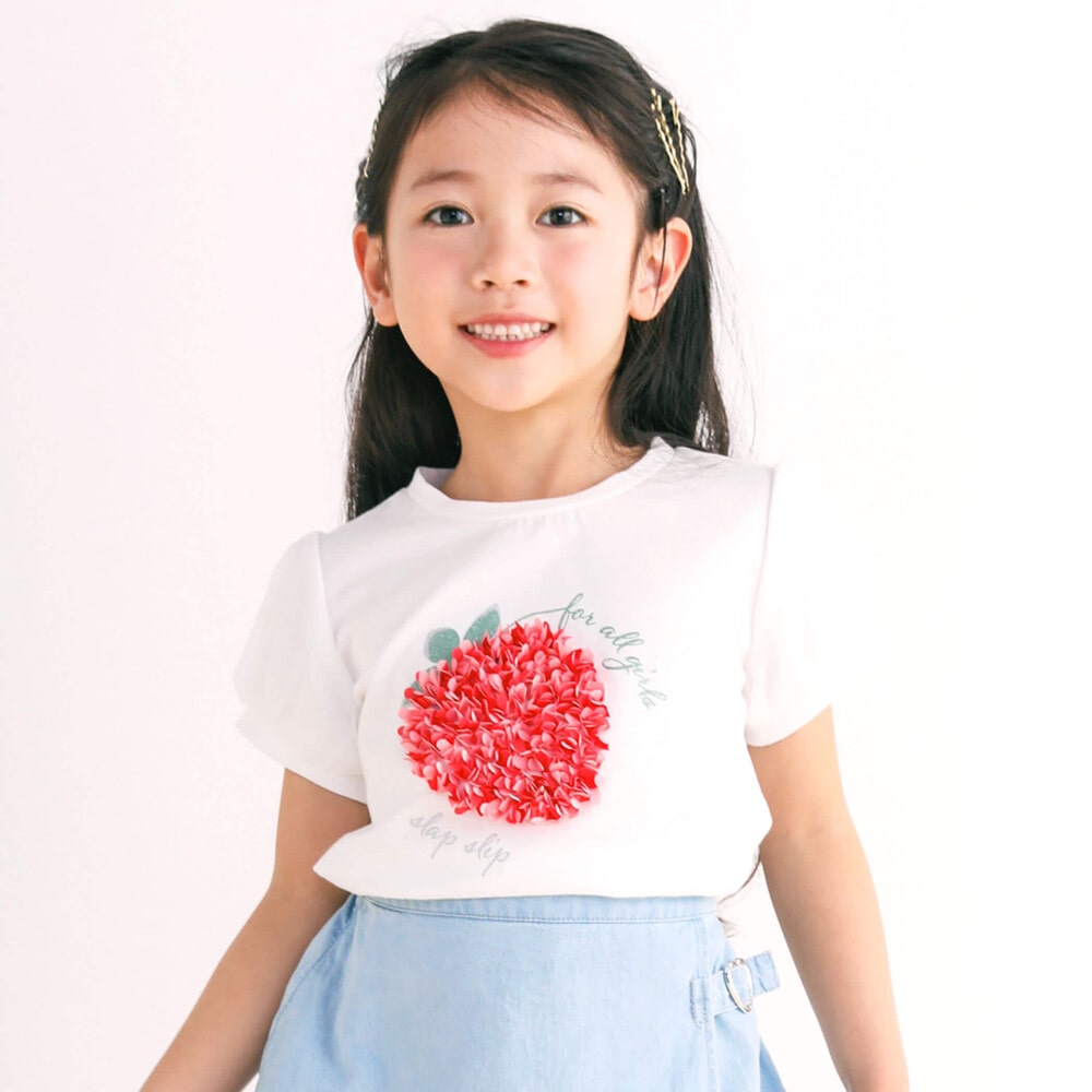 イチゴチェリーフワフワモチーフキラキラシフォン袖Tシャツ(80