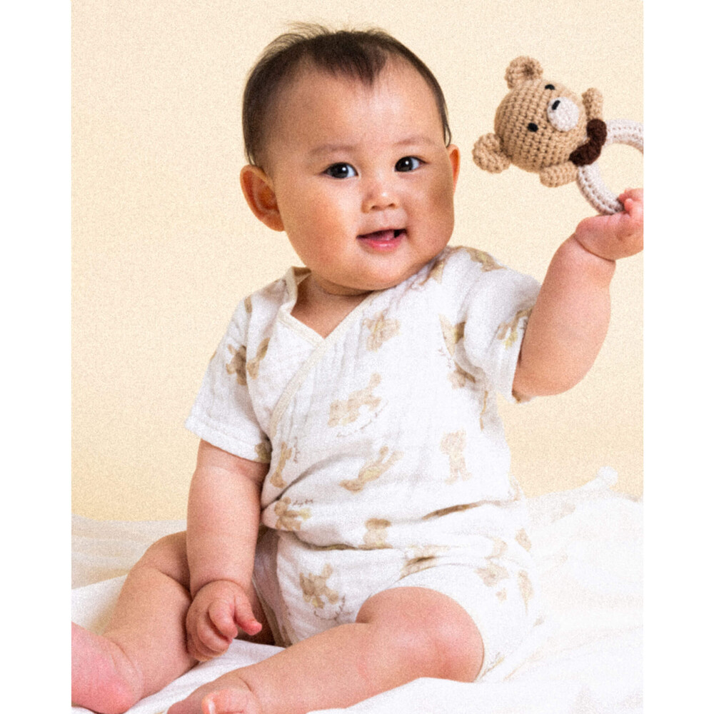 bebeorganic ロンパース 総柄 ガーゼ スナップ ロンパース (70cm)(70cm ベージュ系): 新生児