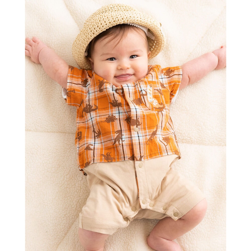 お揃い 】 恐竜 チェック シャツ セパレート風 ロンパース (70~80cm