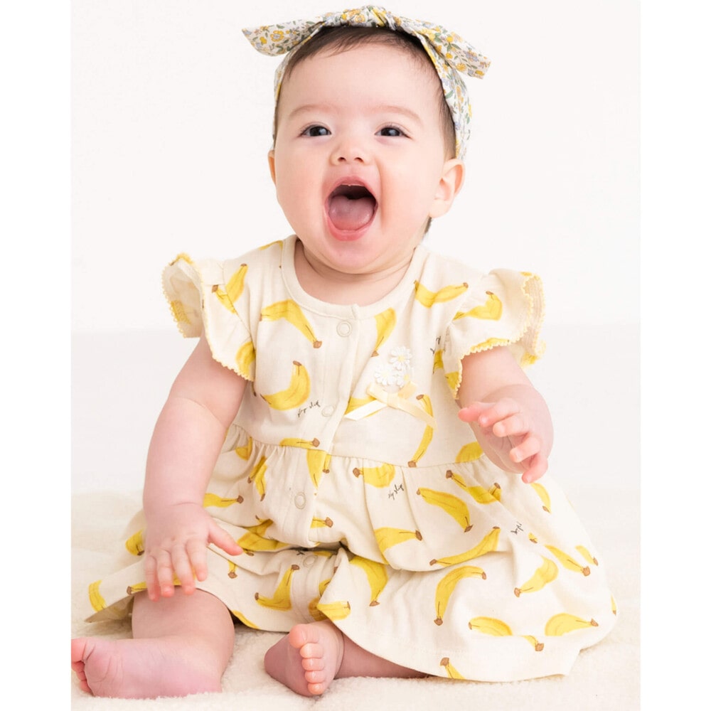 【 お揃い 】 レモン バナナ レース 花 ポイント ワンピース風 ロンパース (60~80cm)