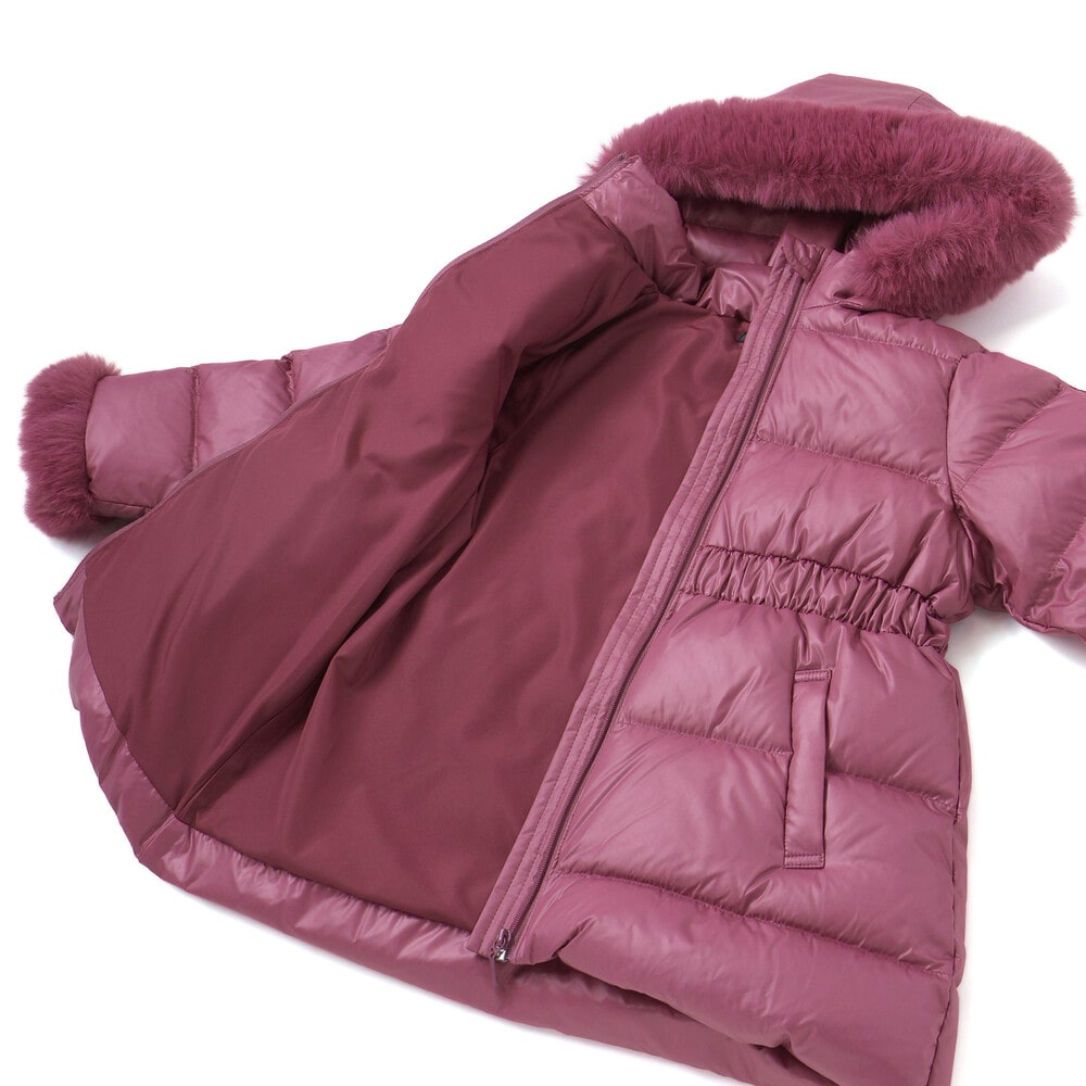 【撥水加工】シャイニータフタウエスト切り替えシャギーファーフードダウンコート(90~150cm) ピンク 90cm