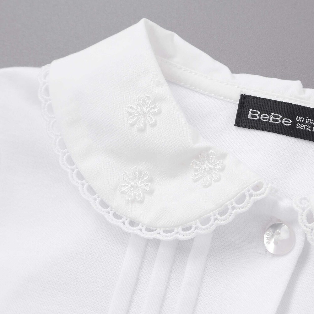 花レース丸襟フロントタックスムース長袖ブラウス(90~140cm) ホワイト 90cm