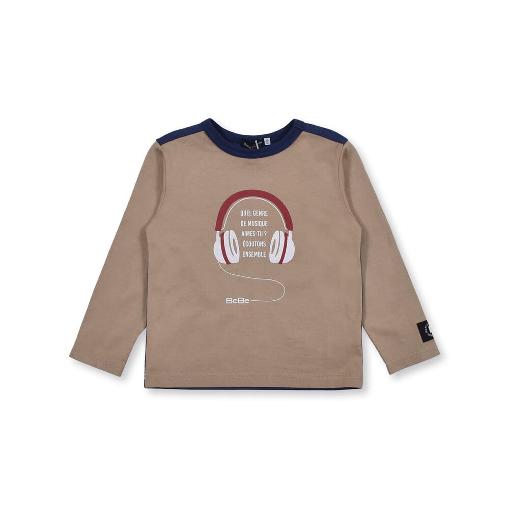 ヘッドフォン ロゴ プリント 配色 Tシャツ (80~150cm) ベージュ 110cm