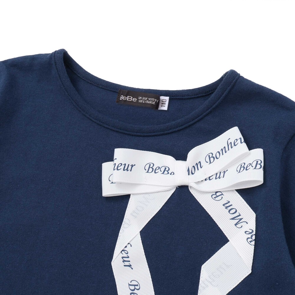 グログランBIGリボンモチーフ裾スカラップ長袖Tシャツ(90~160cm) ネイビー 90cm