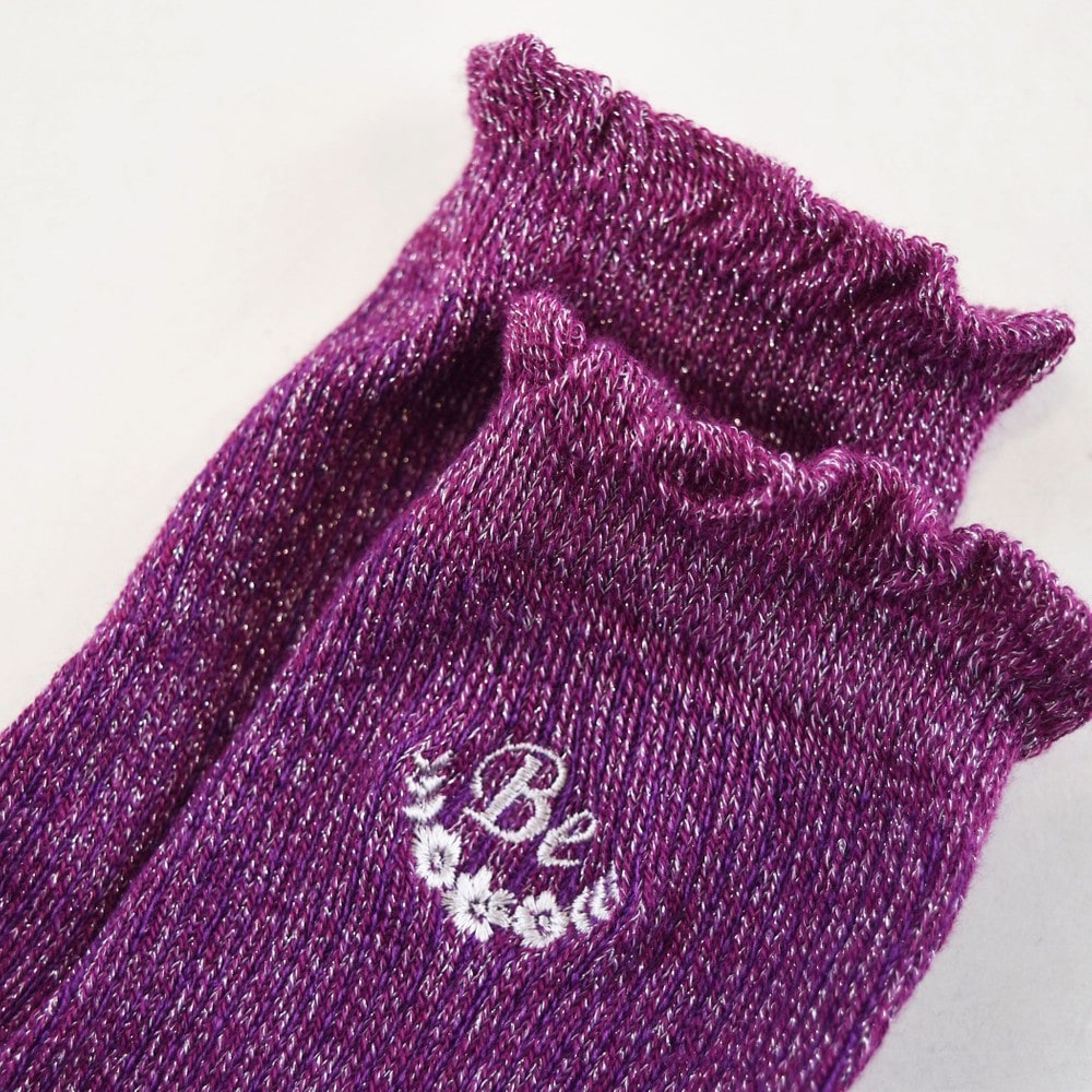 刺繍 フリル ラメ入り リブ ソックス (15cm~24cm) パープル 17-19cm