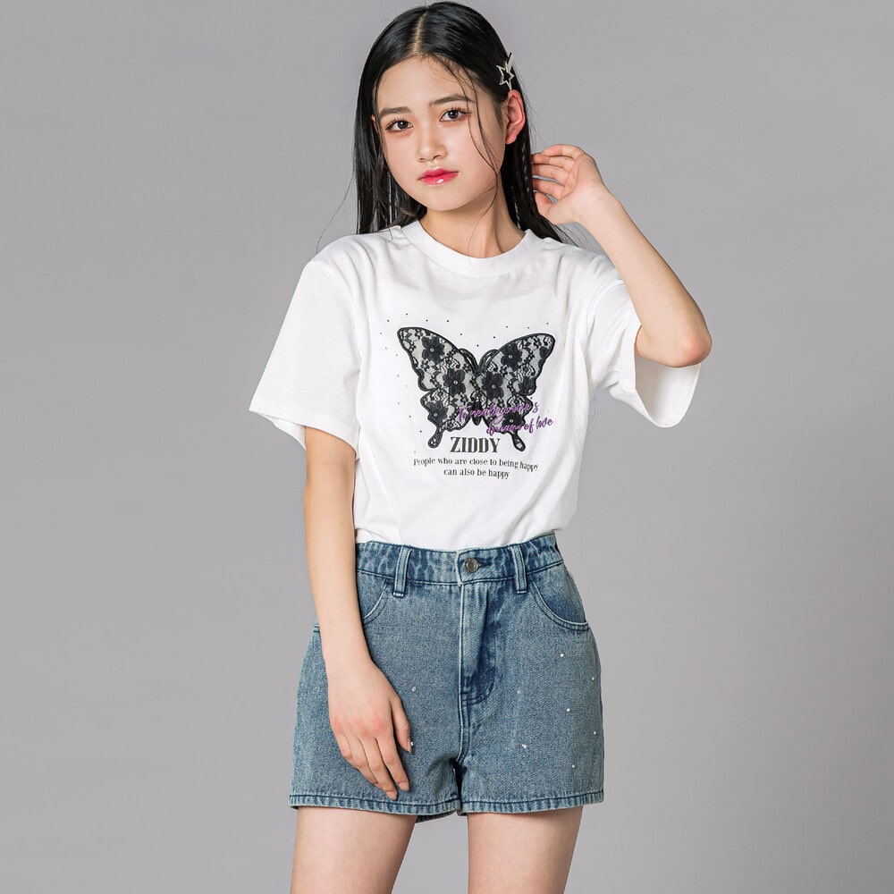 ラインストーンショートデニムパンツ(130~160cm) ネイビー 130cm