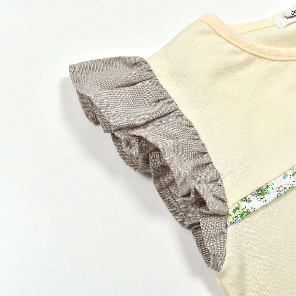【お揃い】ダンガリー花柄パイピングフリルTシャツ(80~110cm) ホワイト 100cm