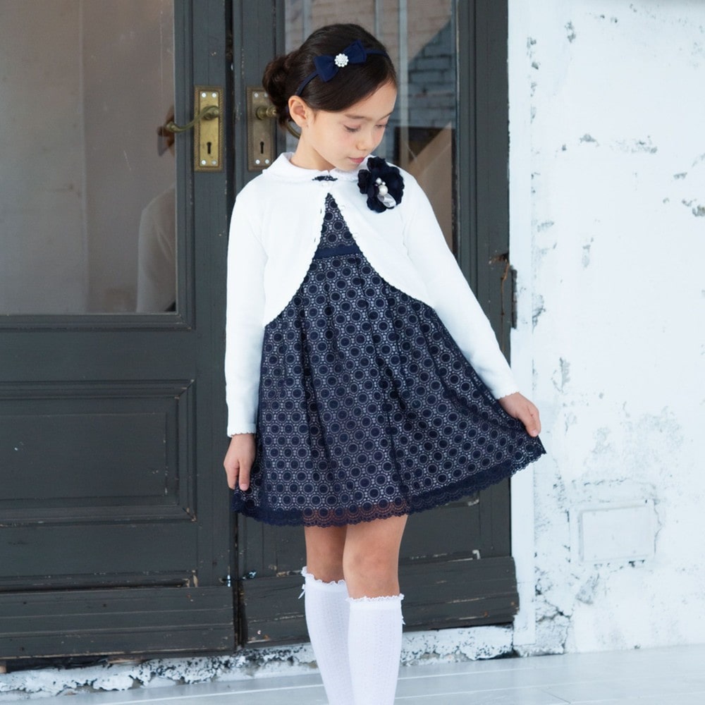 日本製 フォーマル オーガンジー レース リボン Aライン 刺繍 ジャンパースカート ワンピース ドレス (140cm) ネイビー 140cm