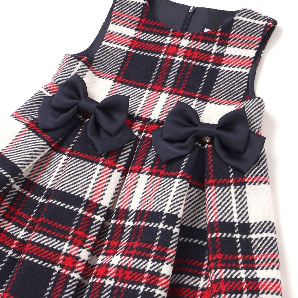 【日本製】【お揃い】ウールチェックサイドリボン付きジャンパースカート(90~140cm) ネイビー系 100cm