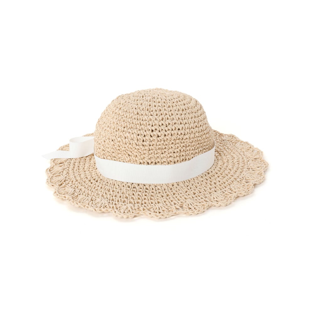 【UVカット】【お揃い】リボン付きブリムスカラップデザインペーパーハット(52~56cm) ネイビー 52cm