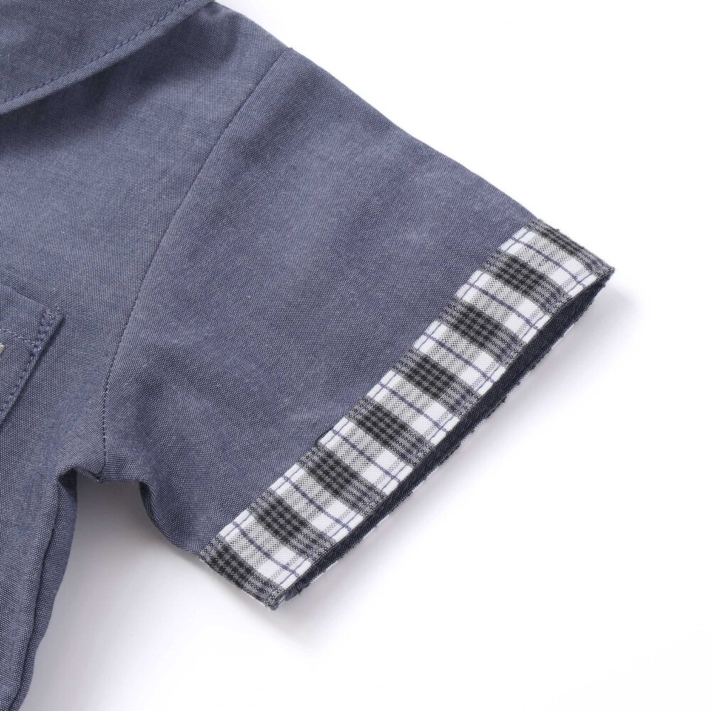 森のどうぶつプリントワッペン付きダンガリー半袖カバーオール(70~80cm) ネイビー 70cm