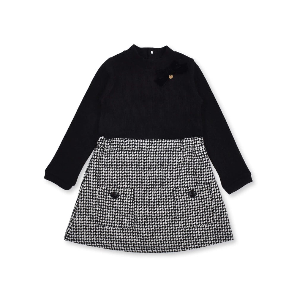 千鳥 柄 チェック 柄 ドッキング ワンピース (80~130cm) ブラック 90cm