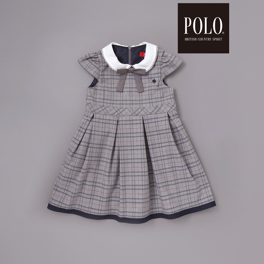 【POLO BCS(ポロ・ビーシーエス)×SLAP SLIPコラボ】袖切り替えジャケット+襟リボン付きチェックワンピース(110~130cm) ベージュ系 110cm