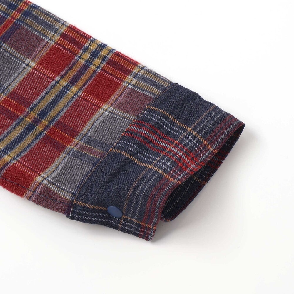 【お揃い】もこもこボア襟切り替えチェックシャツ(90~130cm) ネイビー×レッド系 90cm