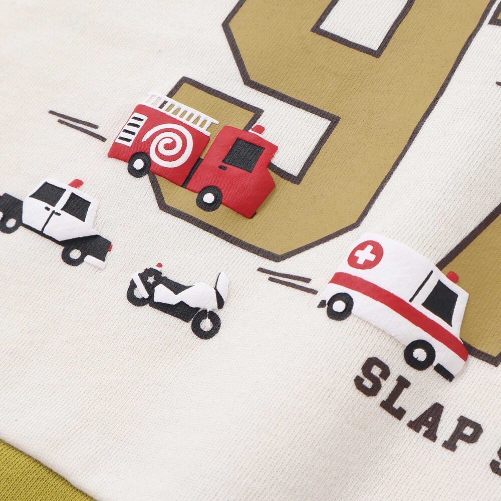 はたらくくるま発泡プリント星パッチナンバリングバイカラートレーナー(80~130cm) レッド×ネイビー 80cm