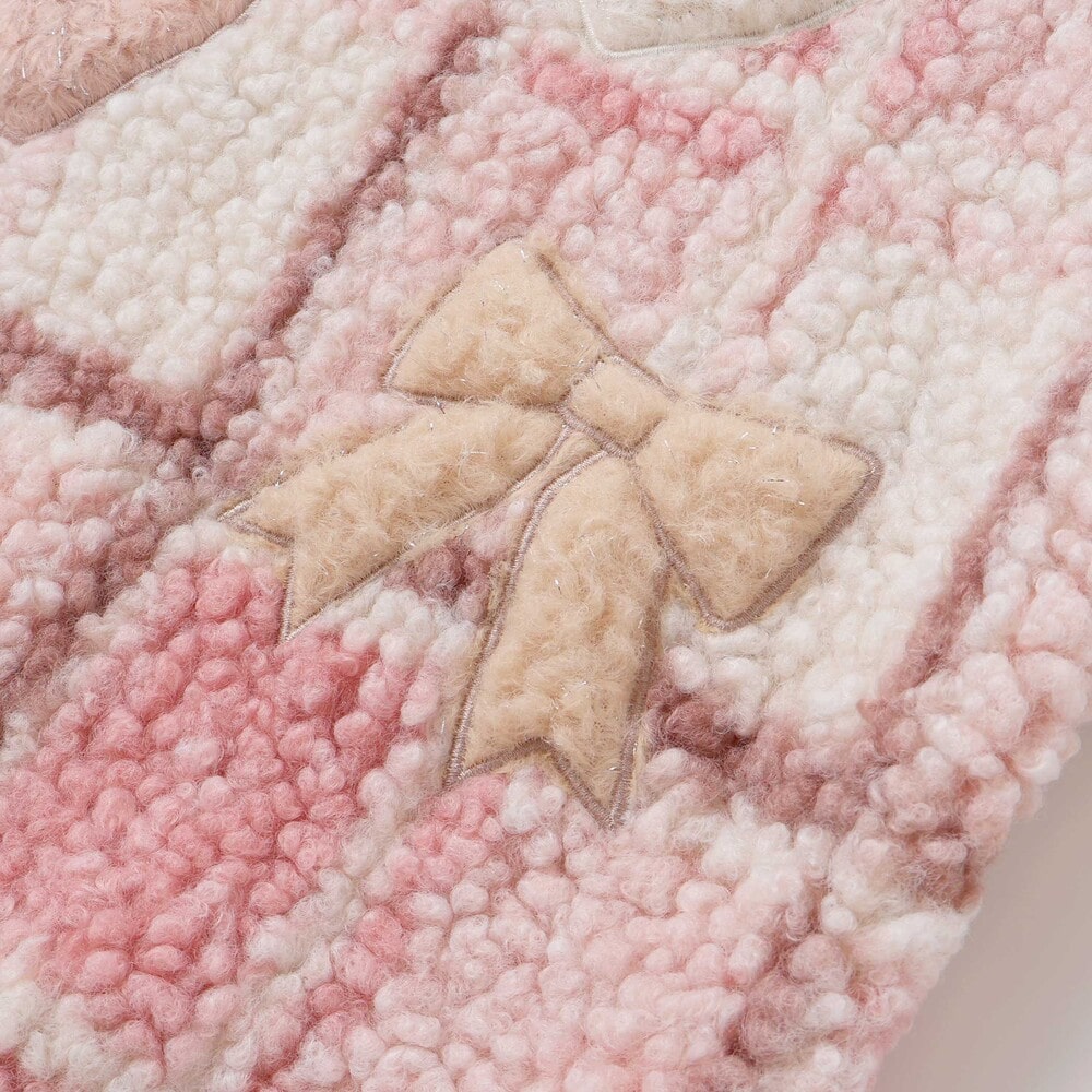 ハートリボンキラキラボアパッチもこもこチェックトレーナー(80~130cm) ブルー系 80cm