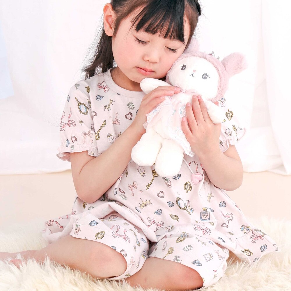 【スララク/腹巻き一体型/防汚加工】みんな快眠!半袖みんみんパジャマ上下セット(80~130cm) ホワイト×いちご×フリル 90cm