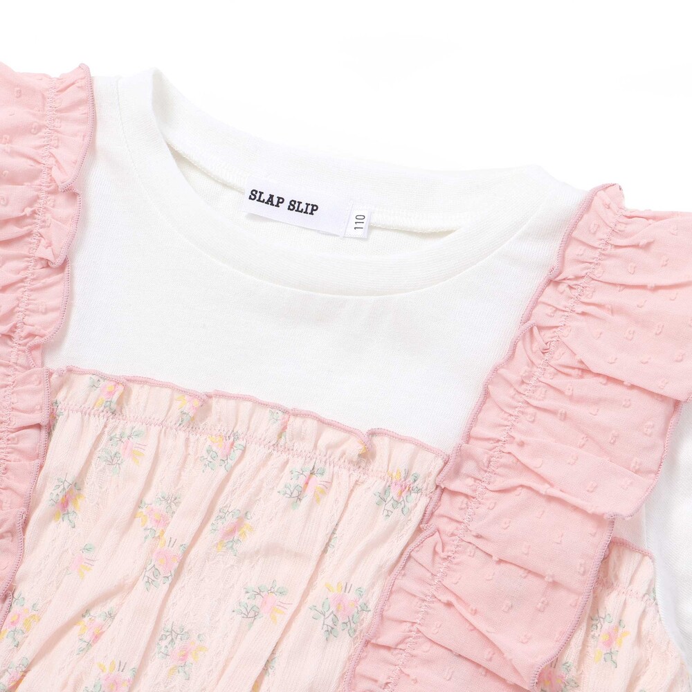 肩フリル花柄レースドッキング半袖Tシャツ(80~130cm) イエロー系 80cm