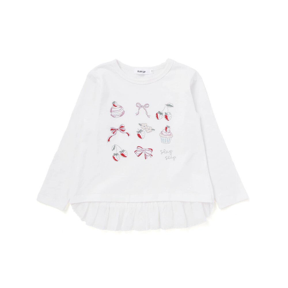 イチゴ刺しゅう裾フリル長袖Tシャツ(80~130cm) ピンク 80cm