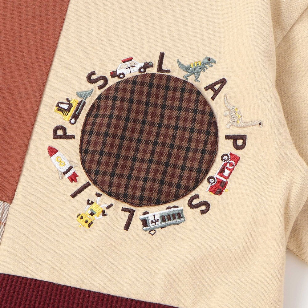 【お揃い】モチーフ刺しゅうチェック切り替え長袖Tシャツ(80~130cm) オフホワイト 80cm