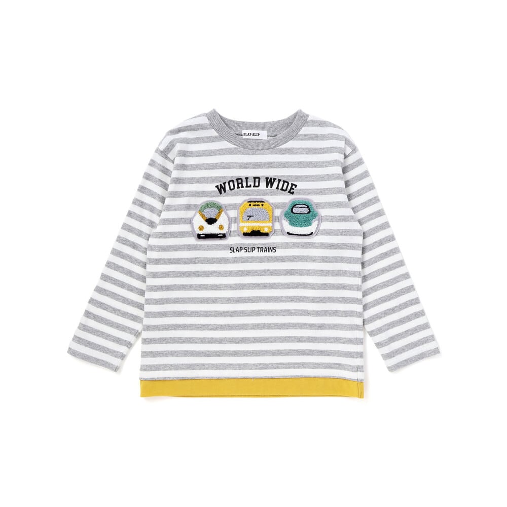 電車モチーフサガラ刺しゅうボーダー柄長袖Tシャツ(80~130cm) ブルー系 80cm