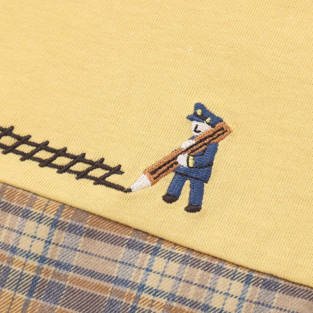 電車モチーフチェック切り替え長袖Tシャツ(80~130cm) イエロー 80cm