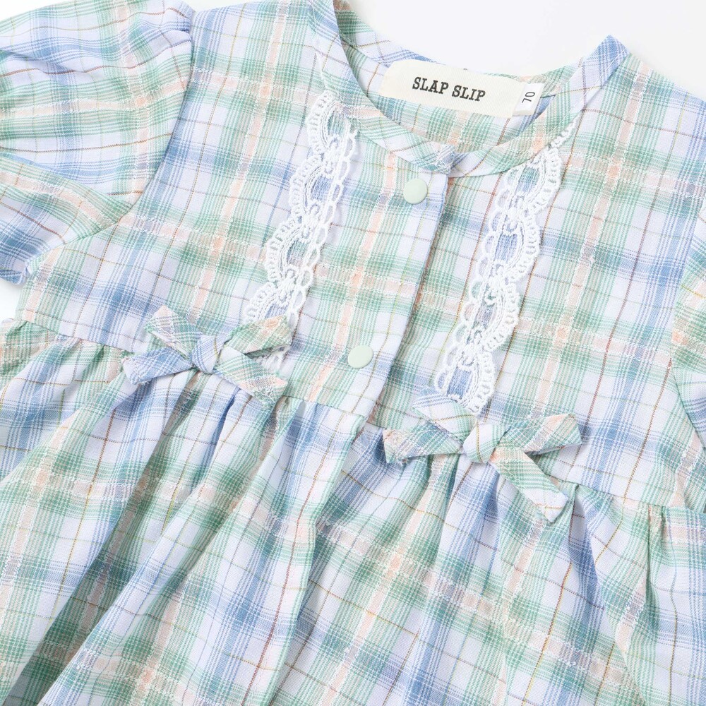 【お揃い】リボン付きマドラスチェックカバーオールベビー(70~80cm) ブルー系 70cm