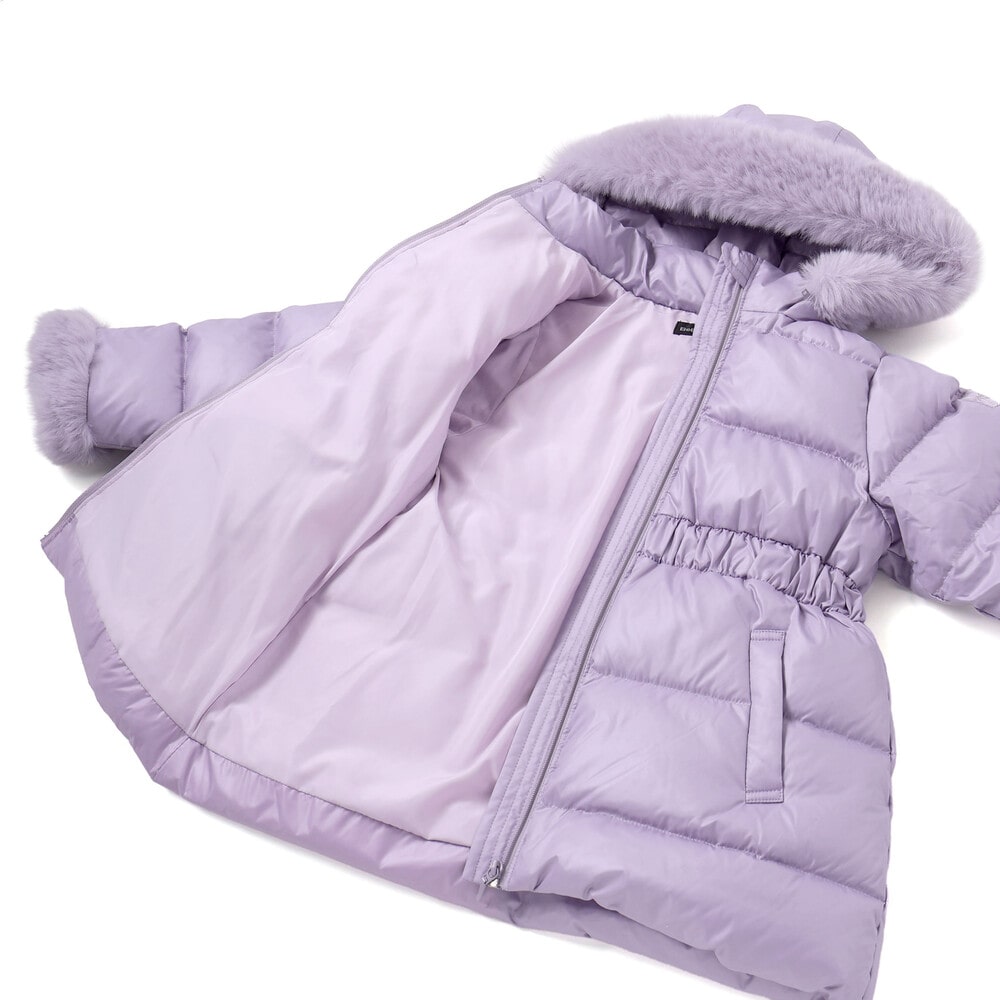 【撥水加工】シャイニータフタウエスト切り替えシャギーファーフードダウンコート(90~150cm) ピンク 90cm