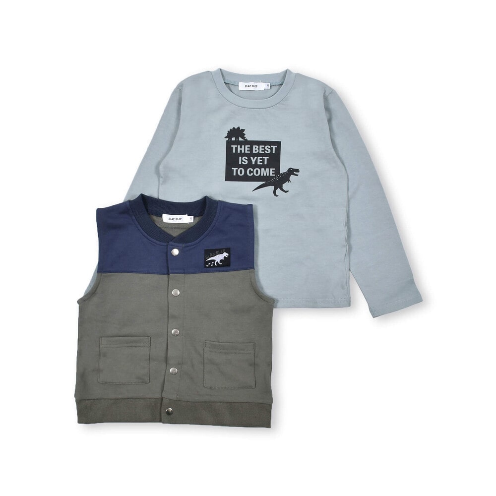 2点セット 恐竜 ロゴ プリント Tシャツ × 配色 切り替え ベスト (80~130cm) ネイビー 100cm