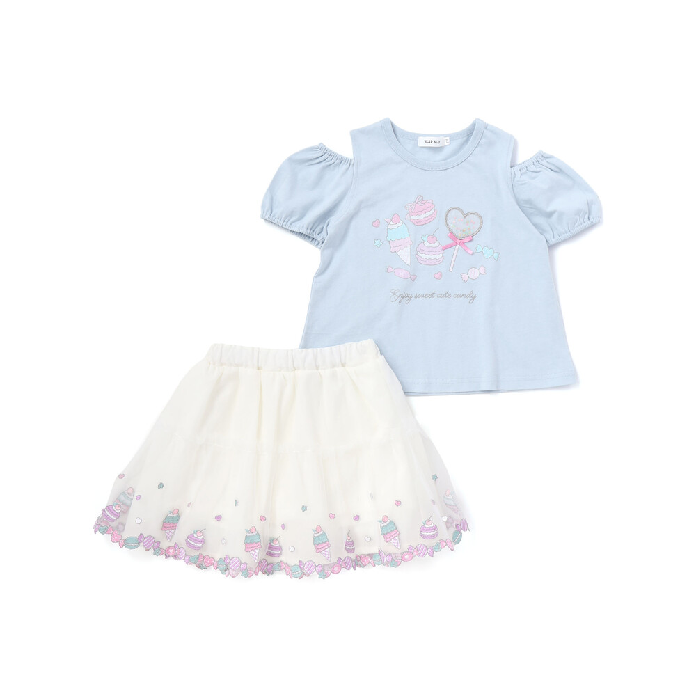 スイーツ刺しゅう肩開き半袖Tシャツ&スカパンセットアップ(80~130cm) ホワイト 80cm