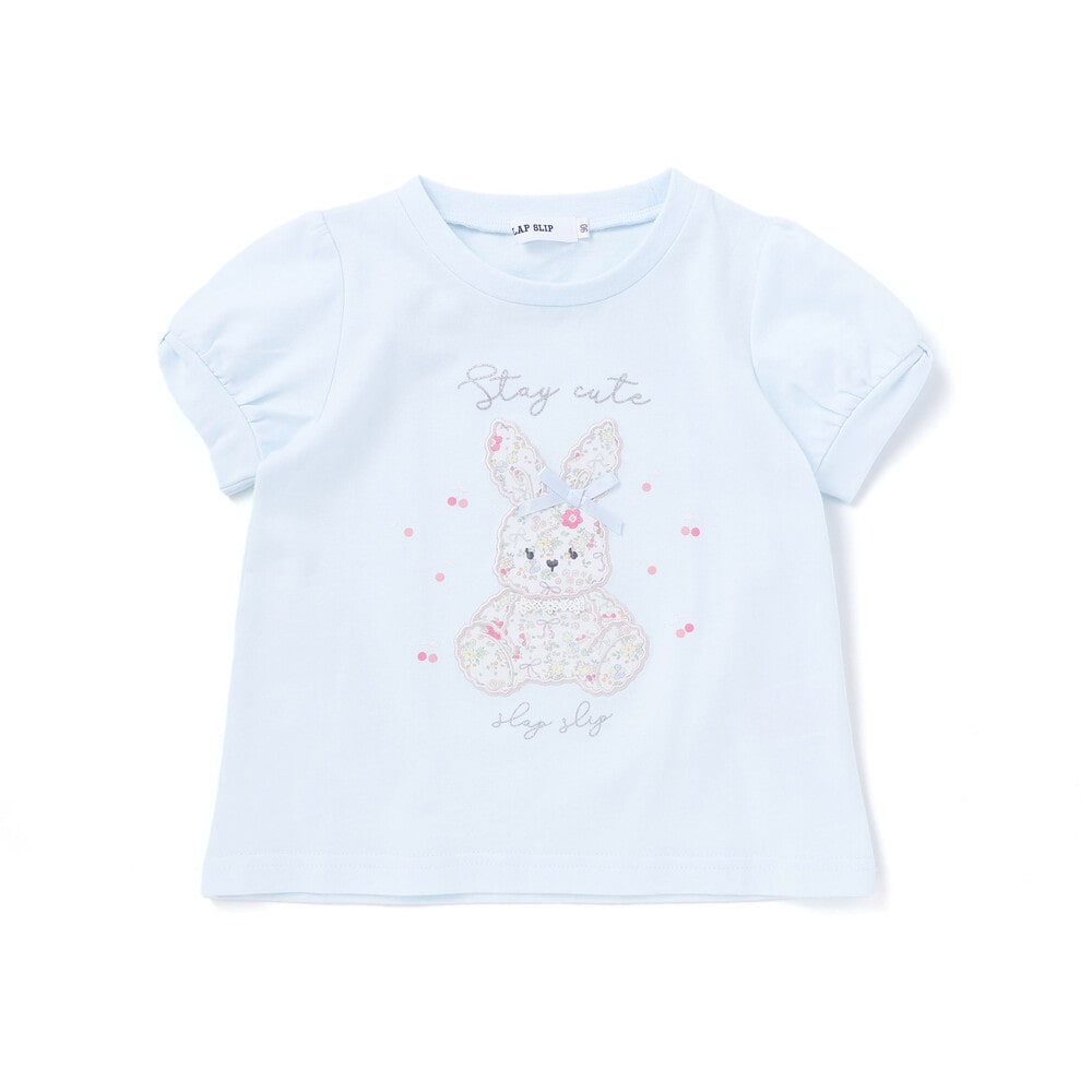 【お揃い】モチーフパッチ刺しゅうリボンスリーブ半袖Tシャツ(80~130cm) ブルー系 80cm