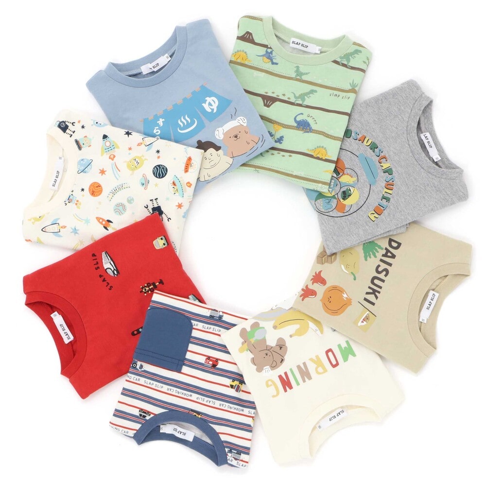 【スララク/防汚加工/オーガニックコットン】わくわくデザイン男の子長袖Tシャツ(80~130cm) ネイビー×ワニ恐竜消防車 80cm