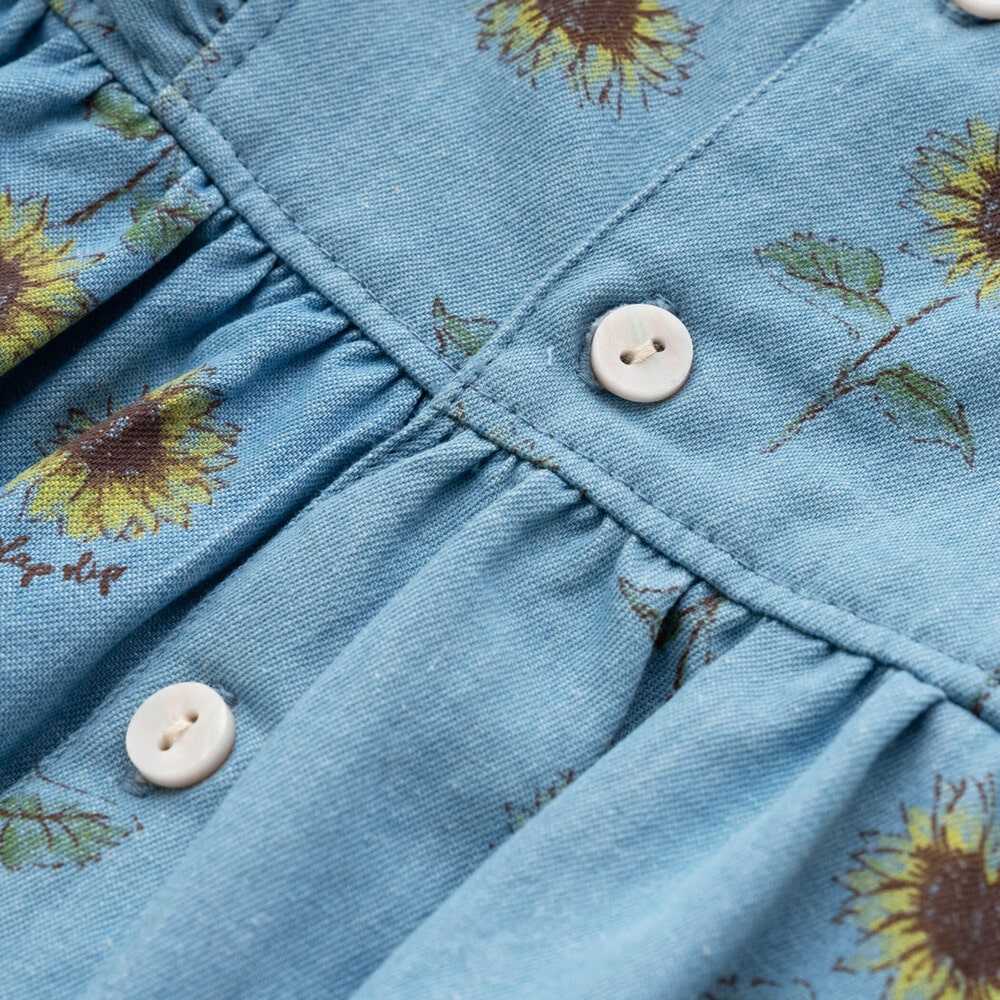 【 お揃い 】 ひまわり 総柄 デニム 布帛 ワンピース (80~130cm) ブルー系 90cm