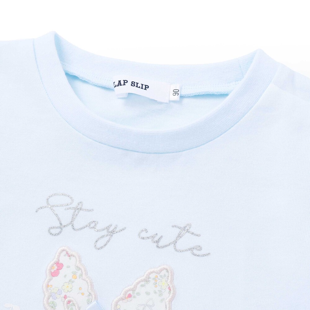 【お揃い】モチーフパッチ刺しゅうリボンスリーブ半袖Tシャツ(80~130cm) ブルー系 80cm