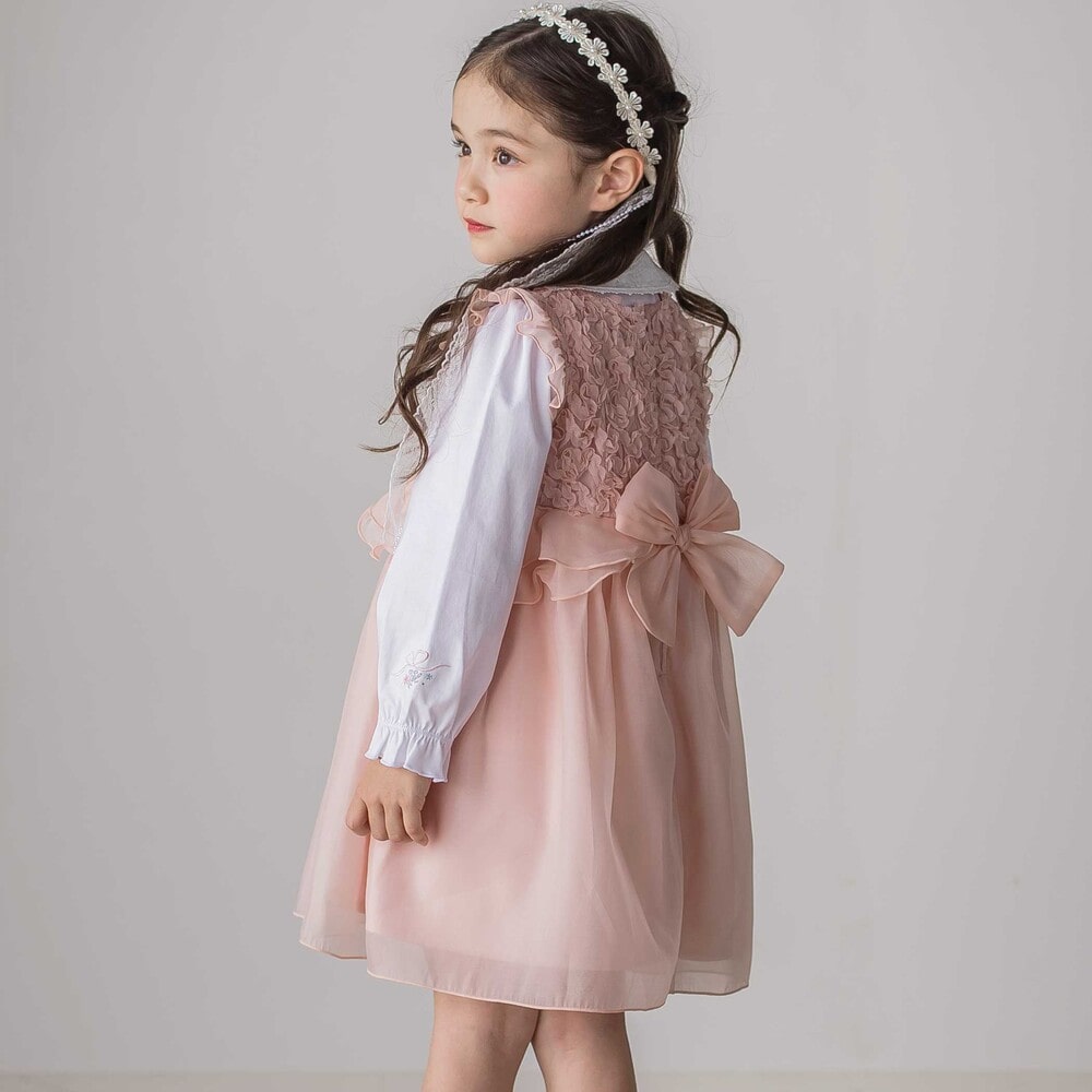 ふわふわオーガンジーフリルリボンペプラムドレス風ジャンパースカート(90~130cm) ピンク 90cm