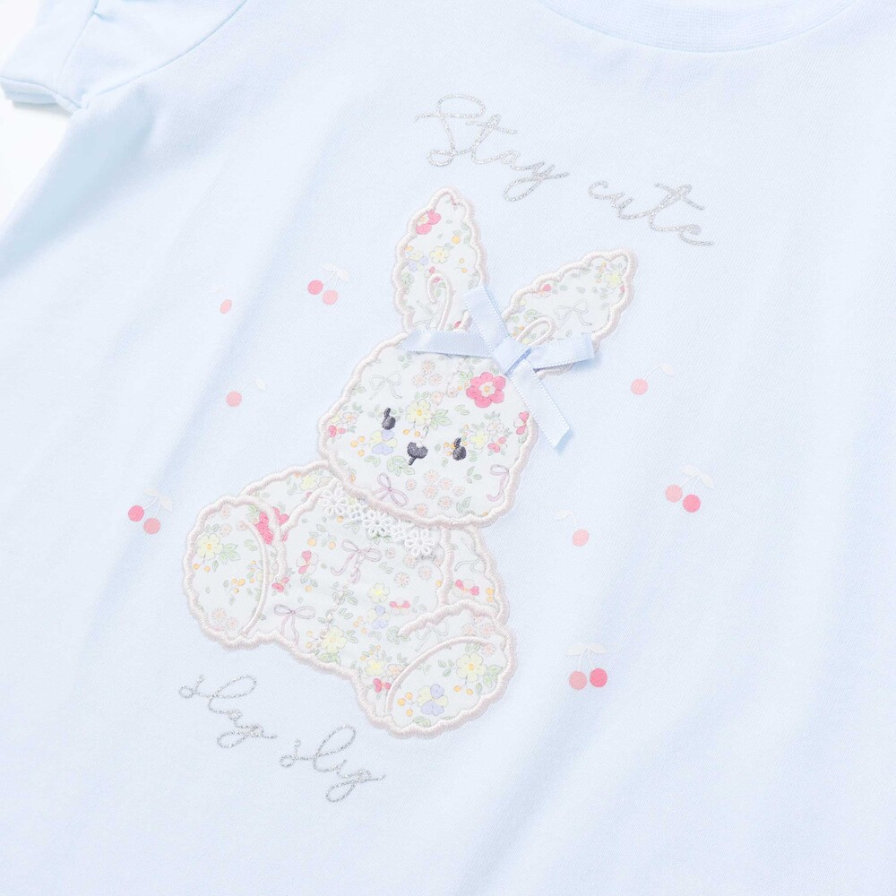 【お揃い】モチーフパッチ刺しゅうリボンスリーブ半袖Tシャツ(80~130cm) ブルー系 80cm