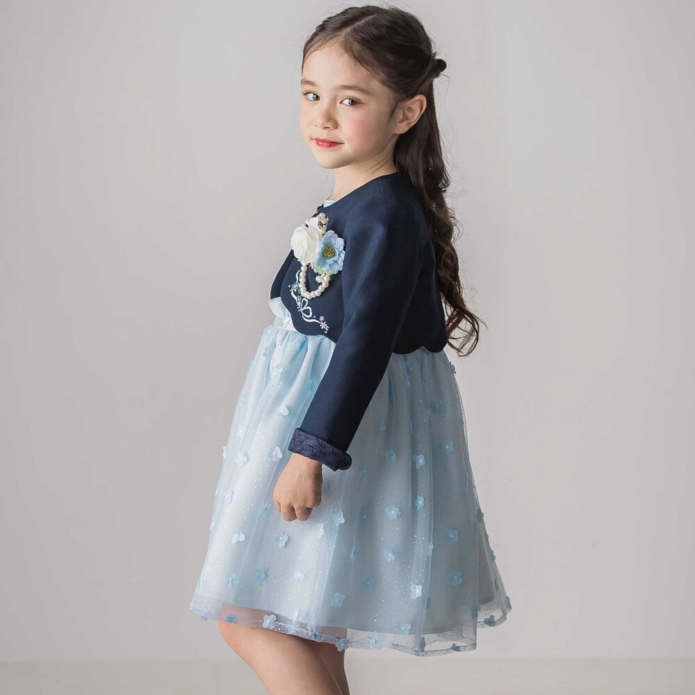 袖折り返しレース刺しゅう裾スカラップボレロ(110~130cm) ネイビー 110cm