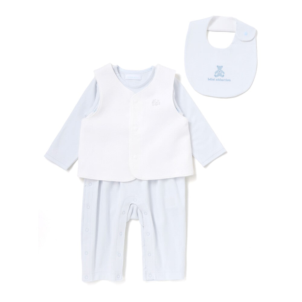 【日本製】スモッキングカバーオール&ベスト&スタイセット(70~80cm) ピンク 70cm