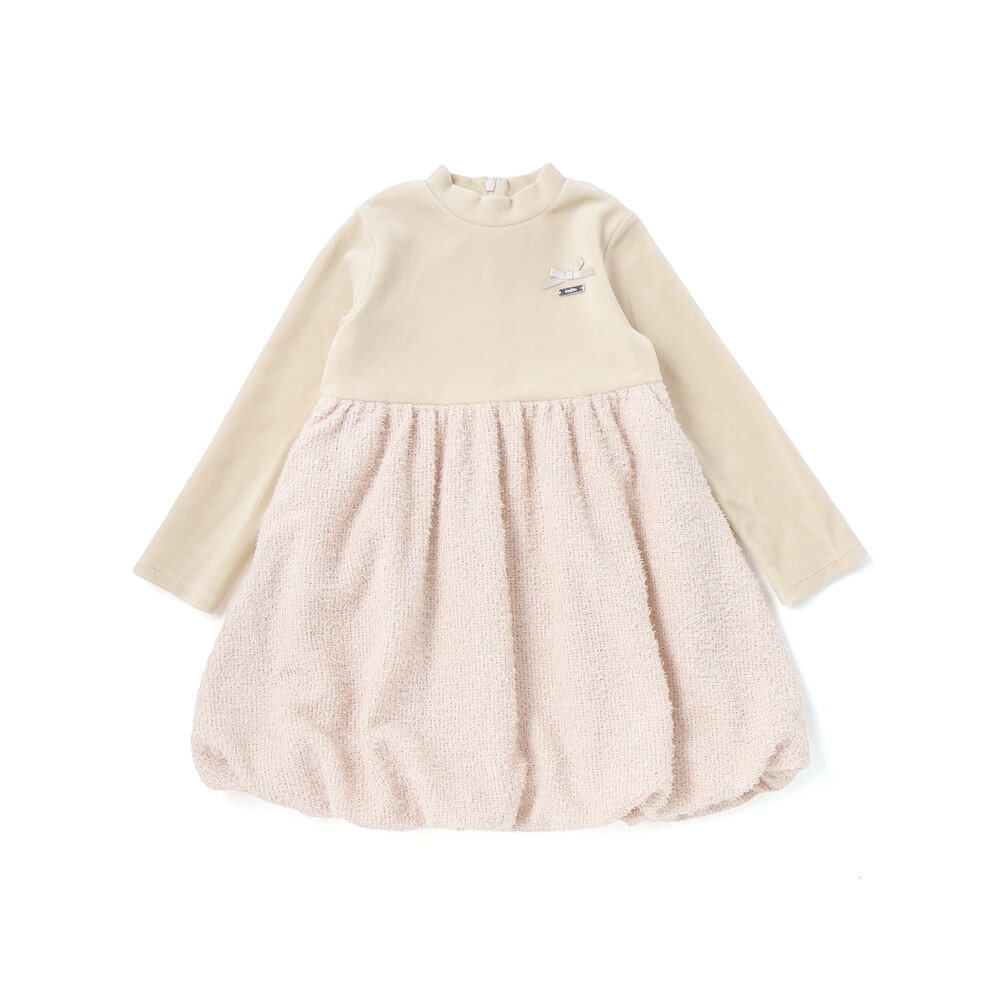 ベロア×ファンシーヤーン切り替えハイネックバルーンワンピース(90~140cm) ピンク 90cm