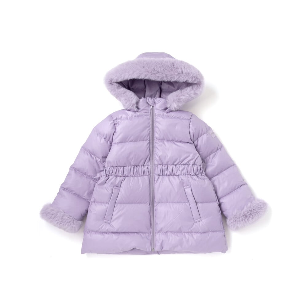 【撥水加工】シャイニータフタウエスト切り替えシャギーファーフードダウンコート(90~150cm) ピンク 90cm