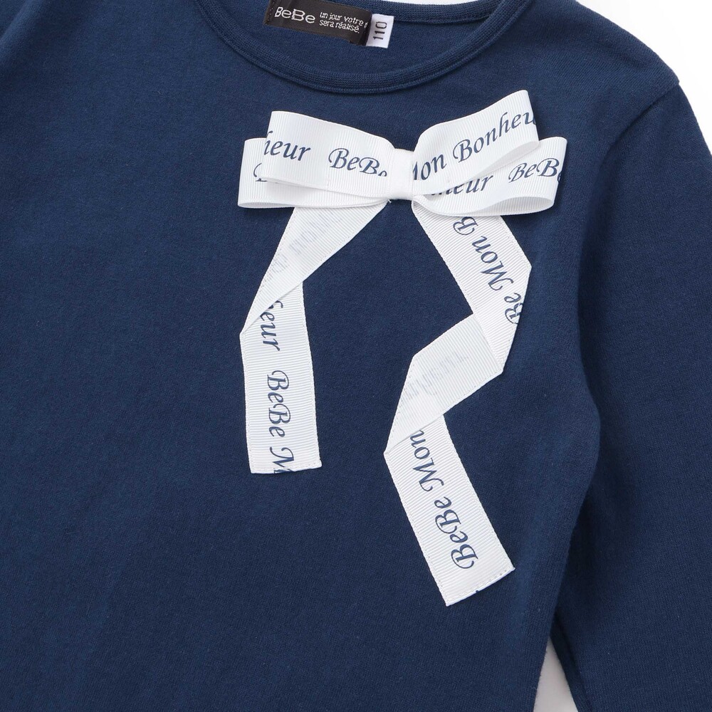 グログランBIGリボンモチーフ裾スカラップ長袖Tシャツ(90~160cm) ネイビー 90cm