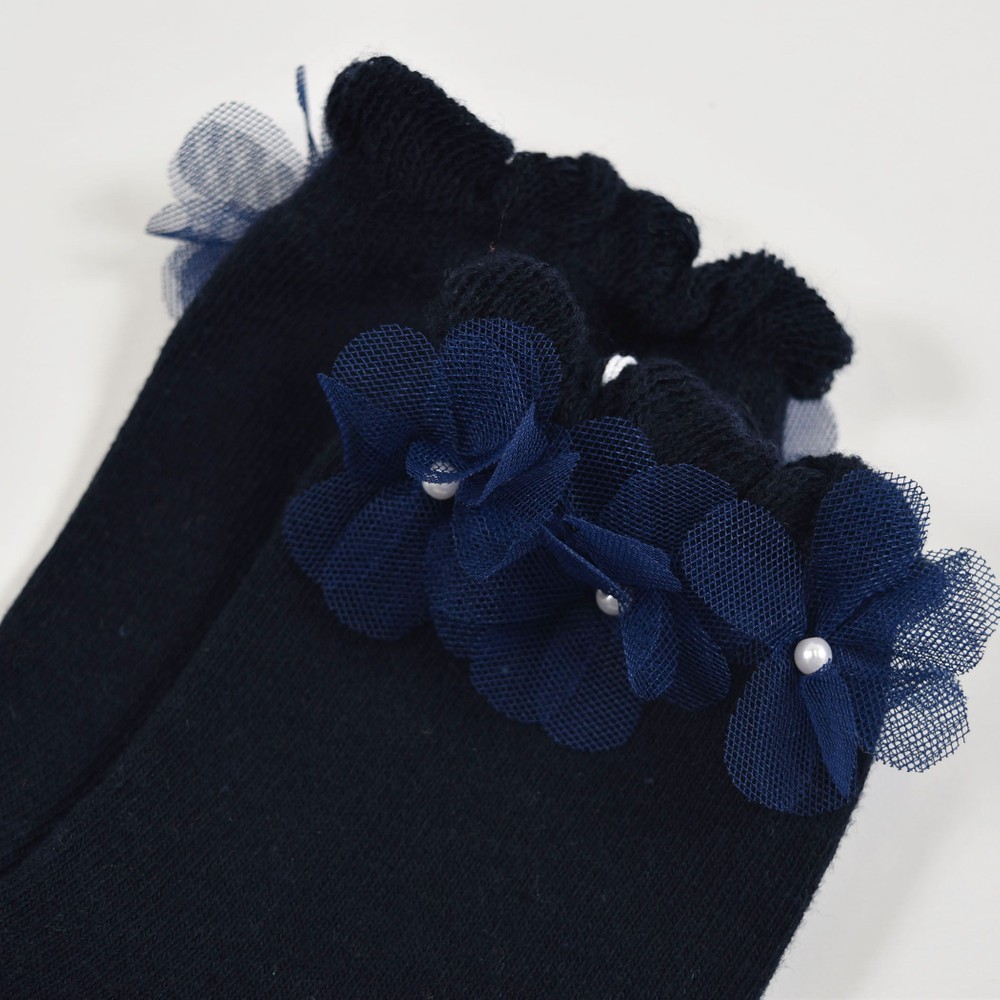 オーガンジー パール 花柄 クルー ソックス (11~24cm) ネイビー 11-13cm